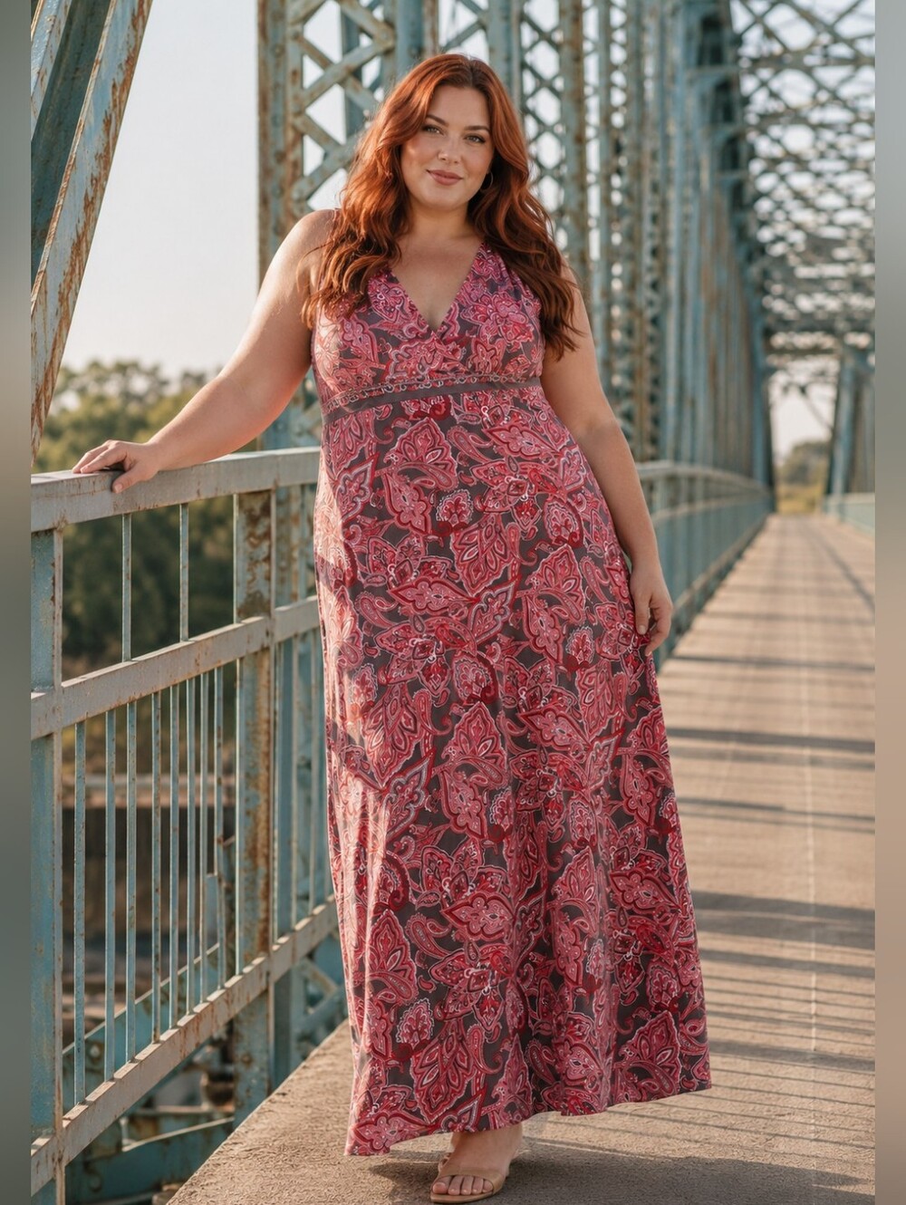 INC Women's Size XL: Summer Paisley V-Neck Maxi Dress in Pink Grey Red